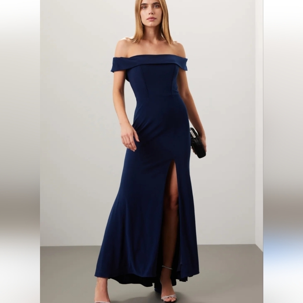 Faviana Off The Shoulder Gown Women's 12 Navy Blue Maxi Dress Dazzle 4